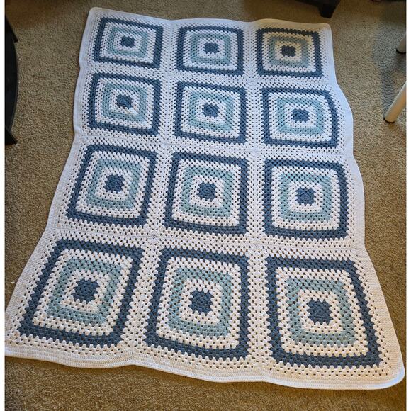 Handmade Blue White Crochet Granny Square Afghan Blanket 88x63 - Picture 1 of 9